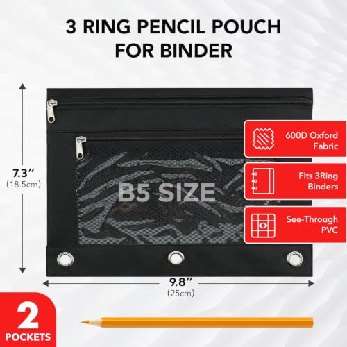3 Ring Pencil Pouch for Binder, 2-Pocket Zipper Pencil Case with Clear Window & Mesh Pocket, 600D Oxford Fabric Binder Pouch for School Office Supplies, Fits Standard 3-Ring Binders, Black - color: Black