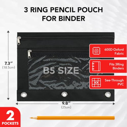 3 Ring Pencil Pouch for Binder, 2-Pocket Zipper Pencil Case with Clear Window & Mesh Pocket, 600D Oxford Fabric Binder Pouch for School Office Supplies, Fits Standard 3-Ring Binders, Black - color: Black