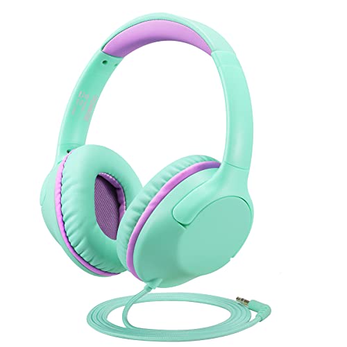 POWMEE Kids Headphones Over-Ear Headphones for Kids/Teens/School with 94dB Volume Limited Adjustable Stereo 3.5MM Jack Wire Cord for Fire Tablets/Travel/PC/Phones(Mint Green) - color: Mint Green