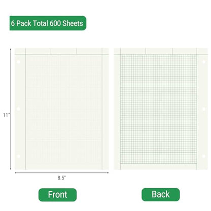 Engineering Paper Notebook, 5X5 Quad Ruled, 8.5X11 Inch, 600 Sheet | Engineering Computation Pad, Engineering Graph Paper,3-Hole Punched, Green Tint, 100 Sheets Per Pack, 6 Pack