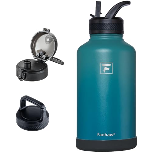 Fanhaw 64 oz Insulated Water Bottle – Large Stainless Steel Jug with 3 Lids (Straw, Chug, Carabiner) | Heavy-Duty, for Camping, Backpacking, Long Hikes & Outdoor Work (Green Blue) - color: Green Blue, size: 64 Ounces