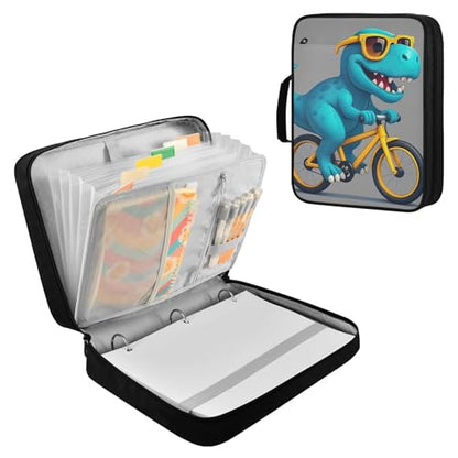Heavy-Duty 3-Hole Ring System Binder Organizer Portfolio with 7-Pocket Accordion Divider, Blue Dinosaur Portable Expanding File Folder with Elastic Pen Loops Organizer