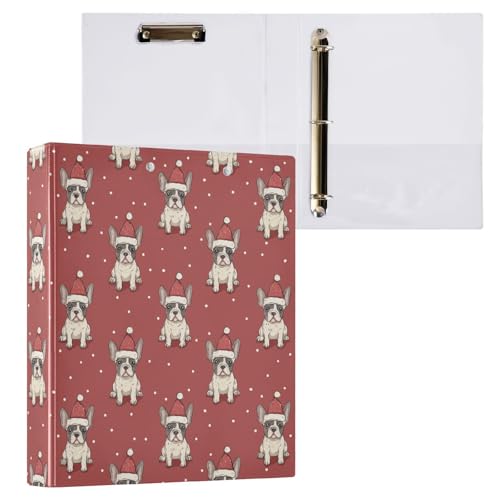 Fustylead Cute French Bulldog Puppy in Santa Hat 3 Ring Binder, D-Rings 1.5" Hardcover Folder, Fits 200 Sheets of A4 Paper, Durable Clipboard & Clean View with Inside Pockets for School Home Office - size: 12.4x10.63x2.36 Inch-1 Pack