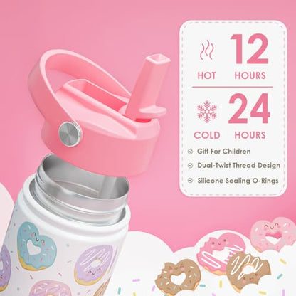 SANDJEST Donut Kids Water Bottle With Straw Lid 12oz Insulated Stainless Steel, Sprinkle Travel Tumbler, Gifts for Girls, Birthday, Christmas, Back To School - color: Donut