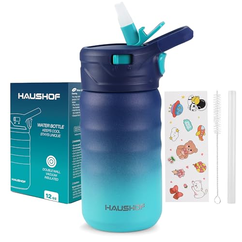 HAUSHOF Kids Water Bottle 12 oz BPA-free with Straw and Stickers, Stainless Steel Vacuum Double Wall Insulated cup with Leak Proof for school, Gift, Boys (Blue and Green) - color: Blue and Green(1 Pack)