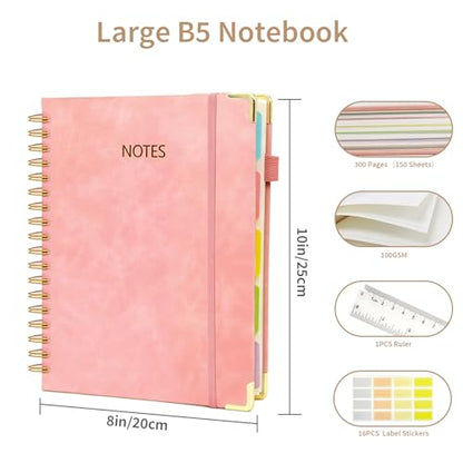 biguphate 1Pack Hardcover Spiral Notebook with Tab, Ruler & Removable Dividers, 300 Pages 8"x10" Large B5 Faux Leather Notebooks, 5 Subject Notebook College Ruled for Work, Home (Pink) - color: 1PACK-Pink