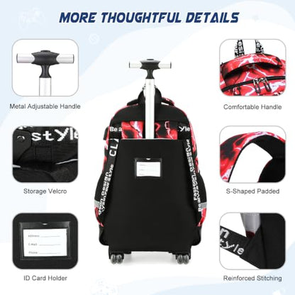 Scothen Rolling Backpack for Boys, Cool Luminous Gamer Roller School Backpacks for Boys with Lunch Bag and Pencil Pouch, Kids Backpack Bookbag with Wheels for Kindergarten Elementary Middle School - color: Red Lightning