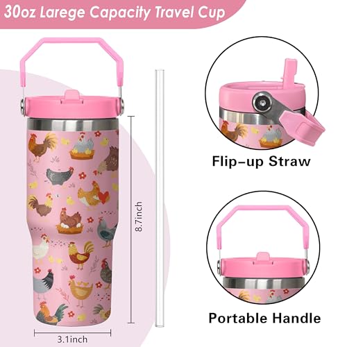 Queen Hero 30 oz Chicken Tumbler with Handle, Large Insulated Tumbler with Flip & Straw Coffee Mug Cup Stainless Steel Gifts for Women Men Youth - color: Rose Pink