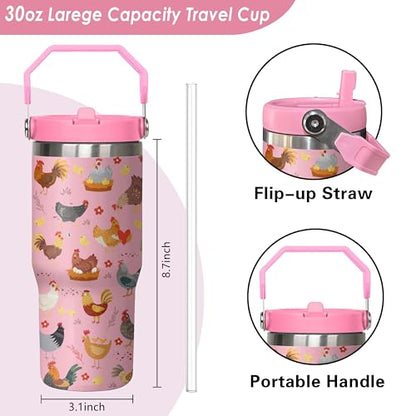 Queen Hero 30 oz Chicken Tumbler with Handle, Large Insulated Tumbler with Flip & Straw Coffee Mug Cup Stainless Steel Gifts for Women Men Youth - color: Rose Pink