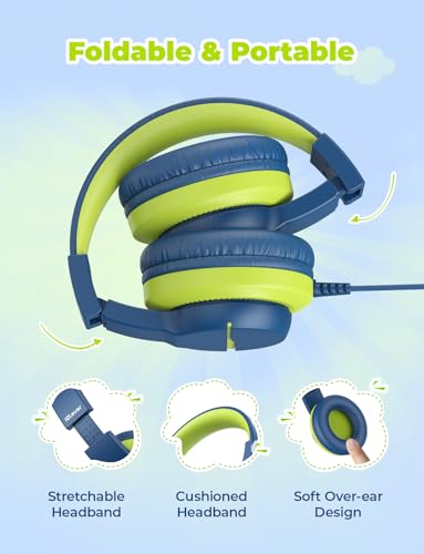iClever USB C Headphones for Kids, Over-Ear for Boys Girls | Safe Volume 85dBA, Foldable, Wired, For iPad，HS19S - color: Blue USB C