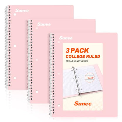 SUNEE Spiral Notebooks, 3 Pack, 1-Subject, College Ruled Paper, 8" x 10-1/2", 70 Sheets per Notebook, Pink - color: Pink