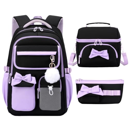 Girls School Backpack with Lunch Box Pencil Case Set, Cute Middle School Bag Teen Girls Backpack Bookbag for Kids, 3pcs Black Purple - color: 3pcs Black-purple