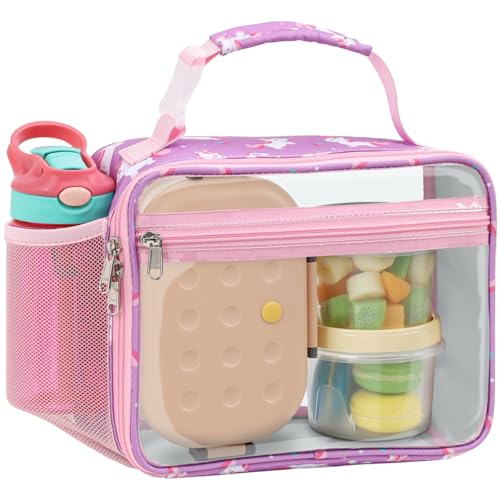 Bagseri Clear Kids Lunch Bag - School Snack Bag with Bottle Holder | Side Pocket, Buckle Handle, Wide Opening, PEVA Lining, School Girls Lunch Box, Clear Toy Bags, Purple Unicorn - color: A-purple unicorn