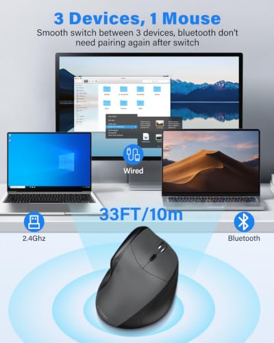 E-YOOSO X45 Rechargeable Vertical Ergonomic Wireless Bluetooth Wired Mouse | Reduce Wrist Pain,Quiet Clicks,4800 DPI,6Ft USB C Cord,Cordless Witeless Mice for Laptop Computer Macbook Chromebook PC