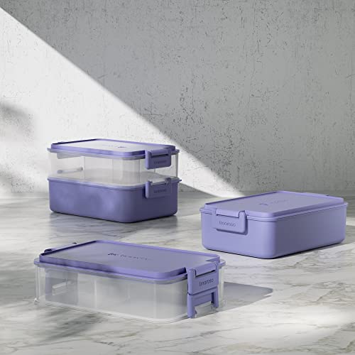 linoroso Stackable 2-Tier Adult Bento Box, 4 Compartments - Veri Peri | leakproof bento lunch box with fork & spoon + sauce cups, microwave/dishwasher safe, perfect for office, school & daily meals - color: Veri Peri