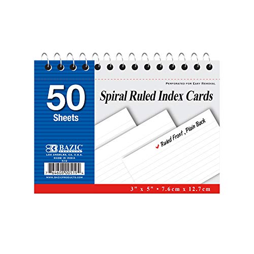 BAZIC Ruled Index Cards Book 3" X 5" 100 Count, Spiral Bound Memo, White Flashcards, Ruled Lined Card for Learning Memory Reminder (50/Pack), 2-Packs