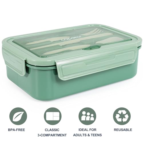 Caperci Classic Bento Box Adult Lunch Box for Older Kids - Leakpoof 47 oz 3-Compartment Lunch Containers for Adults and Teens, Built-in Utensil Set, Ideal for On-the-Go Balanced Eating,Khaki Green - color: Khaki Green