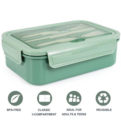 Caperci Classic Bento Box Adult Lunch Box for Older Kids - Leakpoof 47 oz 3-Compartment Lunch Containers for Adults and Teens, Built-in Utensil Set, Ideal for On-the-Go Balanced Eating,Khaki Green - color: Khaki Green