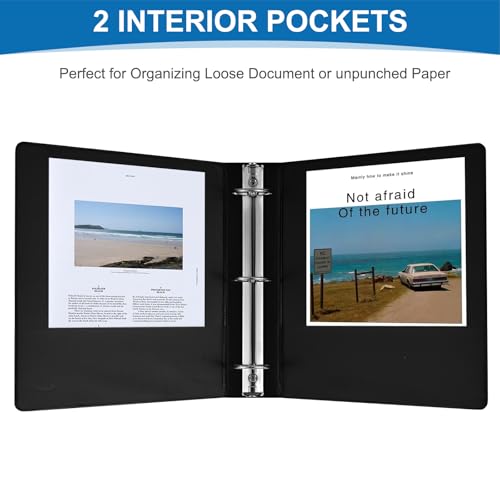 2 Inch 3-Ring Binder, 2" Round Ring Binder with 2 Inside Pockets, 6 Pack Black Binders, Clear View Cover, Holds Up to 450 Sheets 8.5" x 11" Paper，Study Binders for Office/Home/Back to School