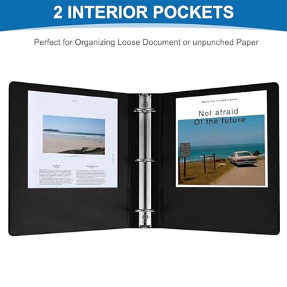 2 Inch 3-Ring Binder, 2" Round Ring Binder with 2 Inside Pockets, 6 Pack Black Binders, Clear View Cover, Holds Up to 450 Sheets 8.5" x 11" Paper，Study Binders for Office/Home/Back to School