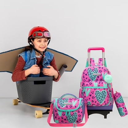Girls Rolling Backpack for School Backpack with Wheels for Girls with Lunch Bag Cute Carry On Backpacks for Elementary Student - color: Purple Love