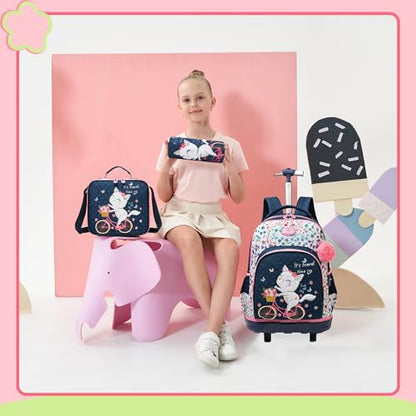 Backpack with Wheels for Girls Rolling Backpack for School with Lunch Bag Cute Carry On Backpacks for Elementary Student - color: Pink Cat