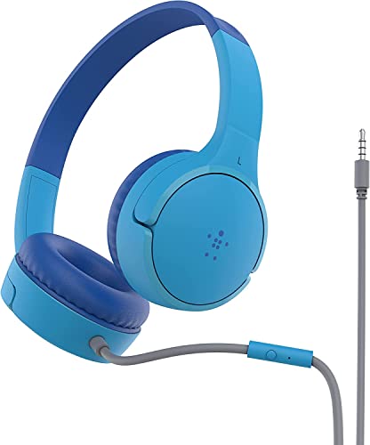 Belkin SoundForm Mini Kids Wired Headphones with Built-in Microphone & Fun Stickers, 85dB Safe Volume Limit – for Online Learning, Travel, Compatible w/iPhone 15, iPad, Galaxy S23, & More - Blue - color: Blue, style: Wired