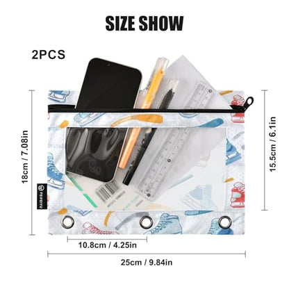 Pencil Pouch 3 Ring Sports Hockey Equipment Zipper Pencil Pouches Case Binder Cosmetic Bag 2 Pack for Office School College Supplies - color: Sports Hockey Equipment