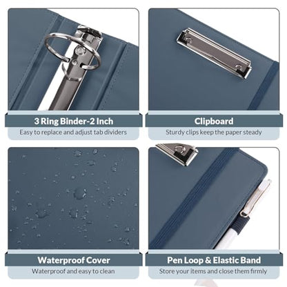 SKYDUE 3 Ring Binder with Clipboard, 2 Inch Heavy Duty Binder, PU Clipboard Binder with Notepad & 5 Dividers with 10 Pockets, Labels, Clipboard Folder Great for School Office(Fit Letter Sized Paper) - color: Blue, size: Letter Size - 2 Inch