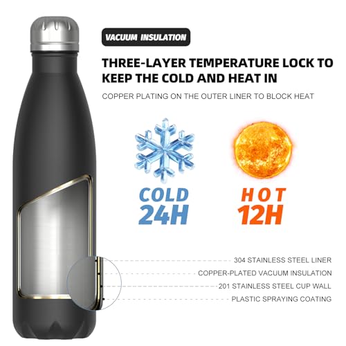WATERSY Stainless Steel water bottles,17oz/500ml Insulated Water Bottles,Black metal water bottle Keeps Drink Cold and Hot,BPA Free kids water bottles for School,Gym,Travel,Sports - color: Black