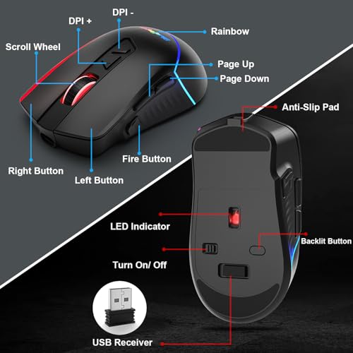 BlueFinger Wireless Keyboard and Mouse Combo, Long Lasting Rechargeable Battery 87 Keys RGB Rainbow Backlit Gaming Keyboard & Ergonomic Light Up Gaming Mouse for Mac Laptop Computer PC Gamer - color: Black