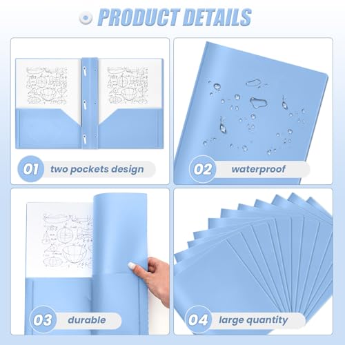 Yeaqee 30 Pcs Plastic Folders with Pockets and Prongs Plastic Folder 2 Pockets 3 Prongs with Card Slot for Office, School for Students, Teachers, Office Workers (Haze Blue) - color: Haze Blue