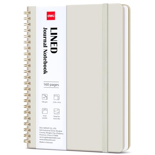deli Beige Lined Spiral Journal Notebook, 160 Pages, A5 (5.5"x8") Hardcover Writing Notebook, College Ruled Spiral Bound Journal for Women & Men - Perfect for Work, School, Office & Note Taking - color: Beige