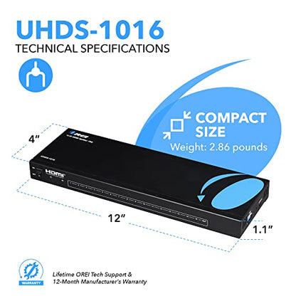 OREI 1 in 16 4K Out HDMI Splitter 4:4:4 8-bit - HDMI 2.0, HDCP 2.2, 18 Gbps, 4K @ 60Hz HDMI Duplicator/Distributor UltaHD High Resolution (UHDS-1016) (1x16) | OREI 1 in 16 Out HDMI Splitter 4K@60Hz 4:4:4 8-bit With HDMI 2.0, HDCP 2.2, 18 Gbps - size: 1x16