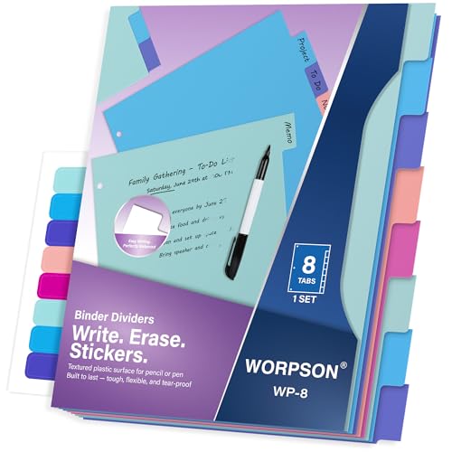 8 Tabs Durable Plastic Write & Erase Large Tabs Dividers for 3 Ring Binders, Rectangle Binder Dividers with Sticker for Study, Teacher, Office, Home Organizers (Multi A, 1 Set (8 Tab)) - size: 1 Set (8 Tab)