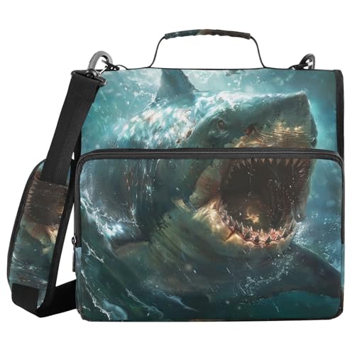 Shark Zipper Binder with Shoulder Strap Trapper Keeper 3 Ring Binder Organizer Large Capacity Multiple Compartments for School Office - color: Shark