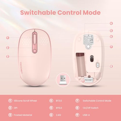 TECKNET Wireless Mouse,Bluetooth Mouse (BT5.3/5.0 & 2.4G) with USB Receiver Silent Optical Computer Mice，Wide Compatibility - color: Pink