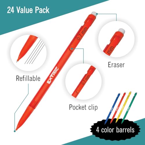 EXTRIC Mechanical Pencils 0.7 mm with Erasers, Medium Point Lead, HB number 2, Assorted Barrels, 24-Count Pack, Perfect for Writing and Drawing - size: 24 Count (Pack of 1)