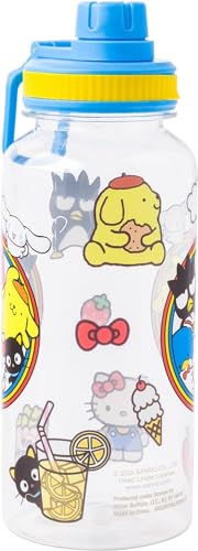 Silver Buffalo Sanrio Hello Kitty and Friends Featuring Badtz-Maru, Pompompurin, Keroppi, My Melody, Tuxedo Sam, Cinnamoroll, and Chococat Plastic Bottle with Sticker Set, 32 Ounces | Badtz-Maru, Pompompurin, Keroppi, My Melody, Tuxedo Sam, Cinnamoroll, C