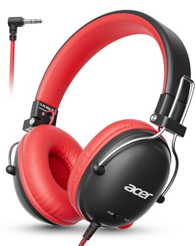 Acer Kids Headphones for School, 74/85dB Safe Volume,Kids Headphones with Cord, 3.5mm Jack, Stereo Sound Wired On-Ear Headphones for Airplane Travel, Boys Girls, Chromebook,Kids Tablet, Black Red - color: Black Red