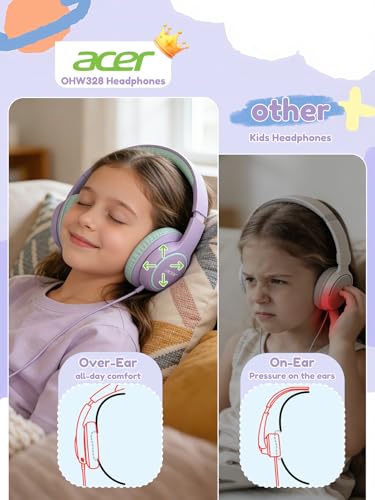 Acer Kids Headphones Wired for School - Over Ear Design, 85/94dB Safe Volume Limit, 3.5mm Jack Foldable Headphones for Toddler Boys Girls Classroom Yoto Player Chromebook Travel Purple Green - color: Purple Green