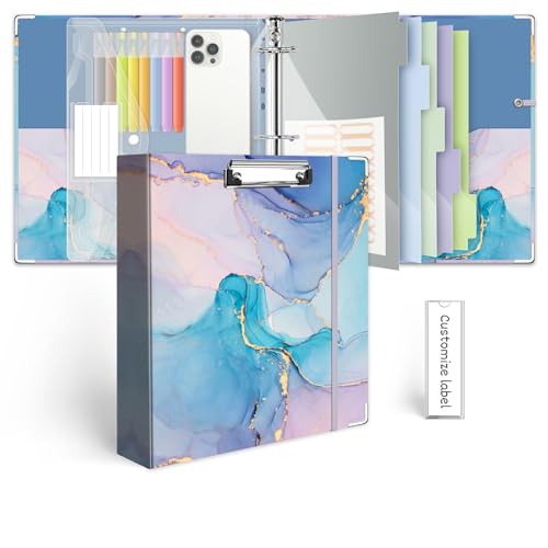 2 Inch 3 Ring Binder Organizer with Clipboard, 5-Tabs Pockets Dividers, Plastic Folder, 18 Divider Stikers, KLLVE Three Ring Binder with Pen Loop (Blue Marble, Letter Size) - color: Blue Marble, size: 2in（Letter Size）