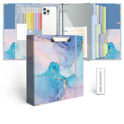 2 Inch 3 Ring Binder Organizer with Clipboard, 5-Tabs Pockets Dividers, Plastic Folder, 18 Divider Stikers, KLLVE Three Ring Binder with Pen Loop (Blue Marble, Letter Size) - color: Blue Marble, size: 2in（Letter Size）
