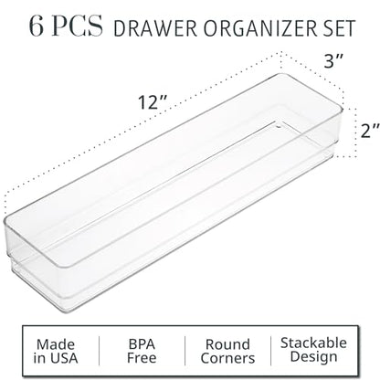 STORi SimpleSort 6-Piece Stackable Clear Drawer Organizer Set | 12" x 3" x 2" Rectangle Trays | Narrow Makeup Vanity Storage Bins and Office Desk Drawer Dividers | Made in USA - size: 12x3x2" (Set of 6)