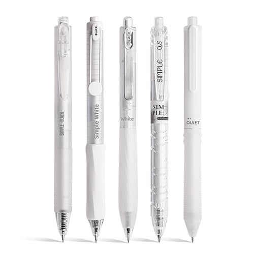 5 Count Pastel Gel Ink Pen Set,Cute Note Taking 0.5mm Fine Point Retractable 5 Count Black Ink Pens for Writing, Journaling, School, Office (White Clear) - color: White Clear