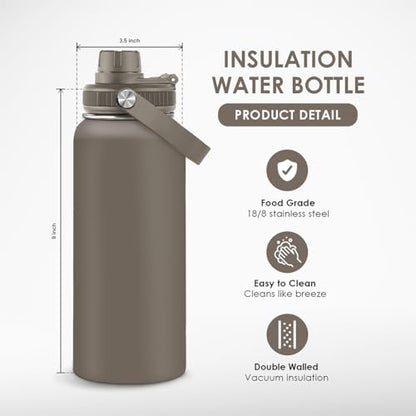 Insulated Stainless Steel Water Bottle 32oz, Vacuum Chug Lid Travel Tumbler for Men Friends Dad Brothers, Birthday Christmas Fathers Day (Dark Grayish Brown) - color: Solid Color 3