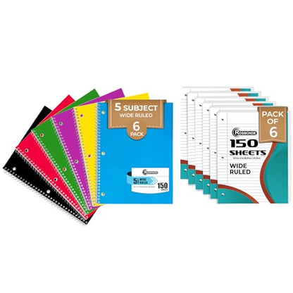 Rosmonde Loose Leaf Paper, 900 Sheets, 6 Pack, Wide Ruled Sheets, Combo, Spiral Notebooks, 6 Pack, 5 Subject Notebook, Wide Ruled, 150 Sheets (300 Pages), Assorted Colors, School, Home & Office