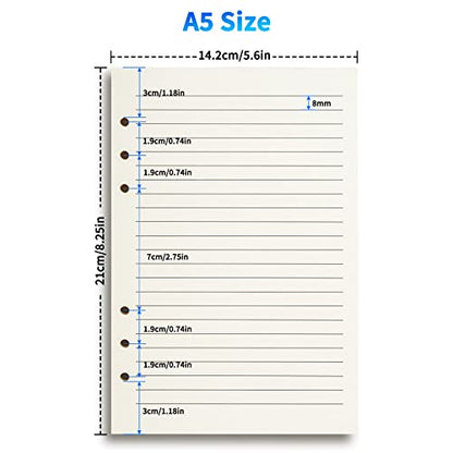 A5 Line Refill Paper, A5 Binder Refills for 6-Ring Binders Planner Traveller Journal Notebook Dairy, 8mm Ruled Filler Paper Insert, 80 Sheets 160 Pages, Lined - color: Lined