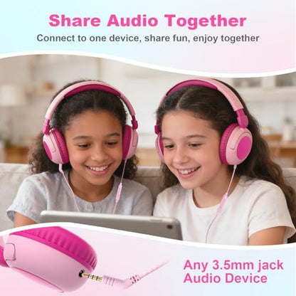 v8 Kids Headphones, 3.5mm Jack Wired Headphones for Kids with Safe Volume Limiter, HD Stereo Sound Over-Ear Girls Boys Toddler Headphone for Tablet, iPad, Kindle (Pink) - color: Pink