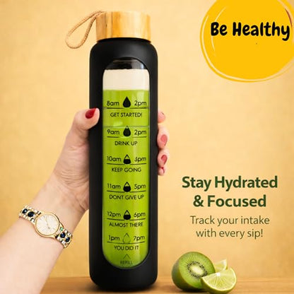 1 Litre Borosilicate Glass Water Bottle, Motivational Hydration Tracker Bottle with Bamboo Lid, Protective Silicone Sleeve | Reusable Bottle, Leak-Proof, BPA-Free, Time Marker, Black - color: Black